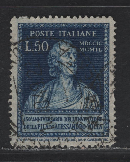 Lot 21 Italy SC#527 50l Deep Blue Allesandro Volta, 1949 Invention of the Voltaic Pile Issue, A Very Fine Used Single, Perf 14