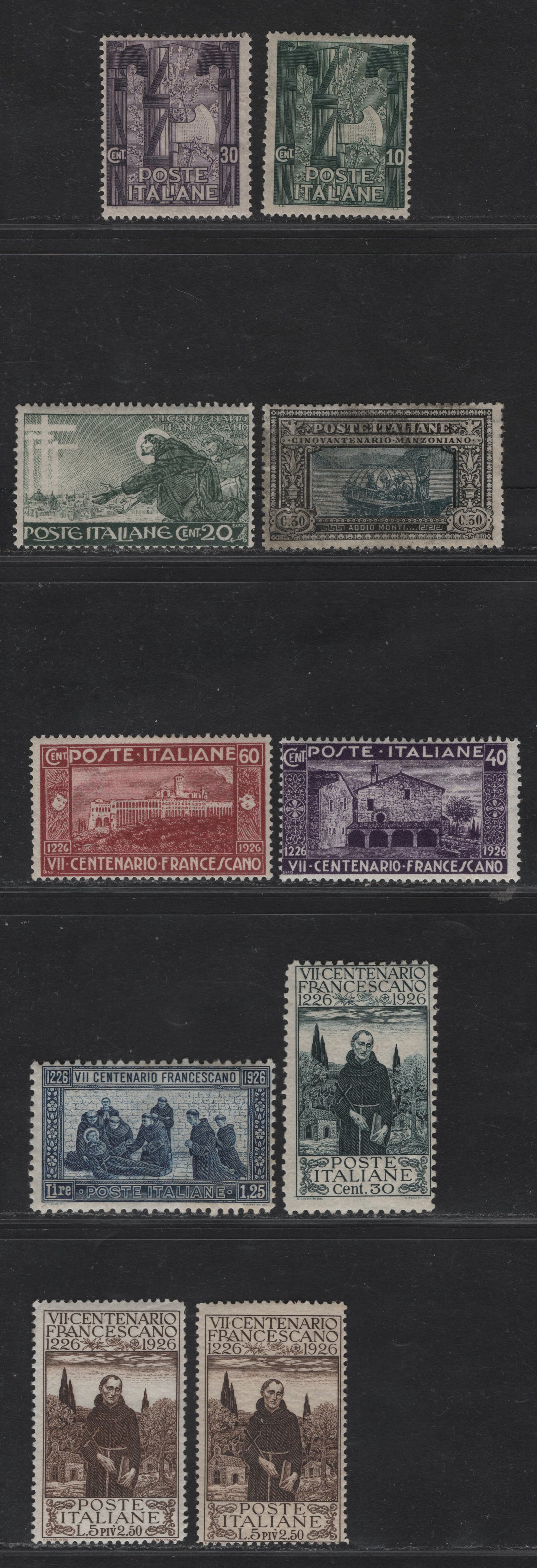 Lot 213 Italy SC#159-160, 167, 178-183 10c - 5l+2.5l Dark Green - Dark Brown Emblem of New Govt - St Francis, 1923-1926 March on Rome - St Francis of Assissi Issues, 10 FOG Singles, #167 Has Disturbed Gum