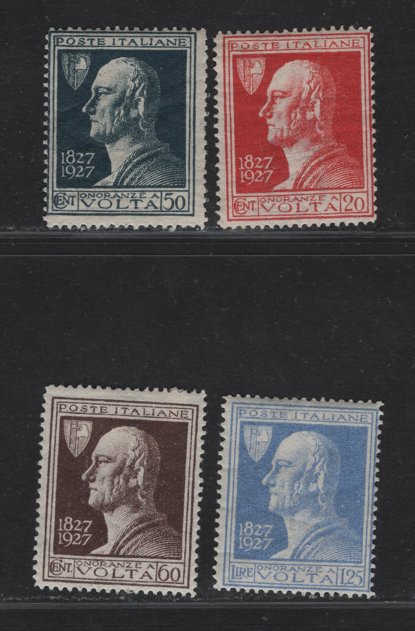 Lot 214 Italy SC#188-191 20c - 1.25l Dark Carmine - Ultramarine Alessandro Volta, 1927 Alessandra Volta Issues, 4 FOG Singles