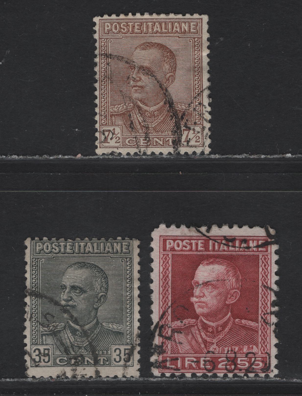 Lot 218 Italy SC#195, 197, 199 25c - 35c Brown Carmine - Gray Black Victor Emmanuel III, 1927-1929 Victor Emmanuel III Issue, 3 Fine Used Singles, Key Values Used