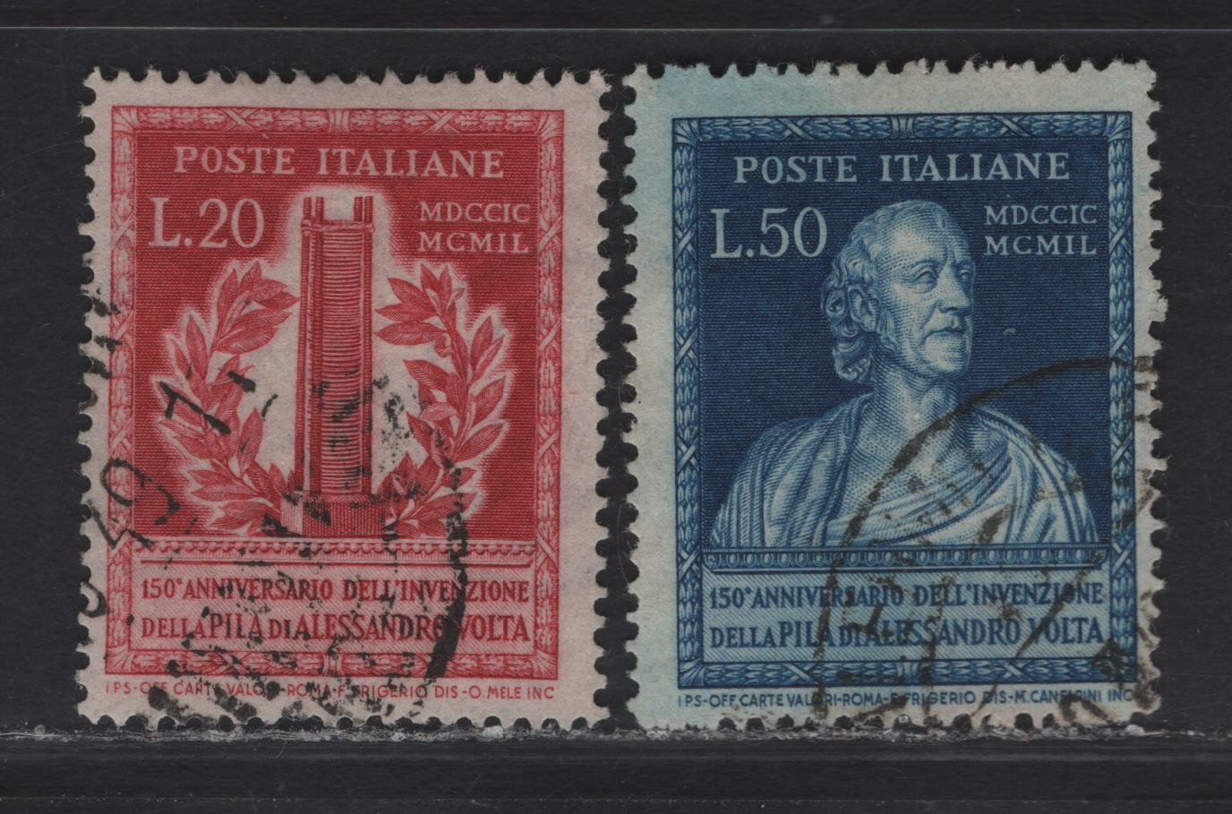 Lot 22 Italy SC#526-527 20l - 50l Carmine - Deep Blue Allesandro Volta - Voltaic Pile, 1949 Invention of the Voltaic Pile Issue, 2 Fine Used Singles