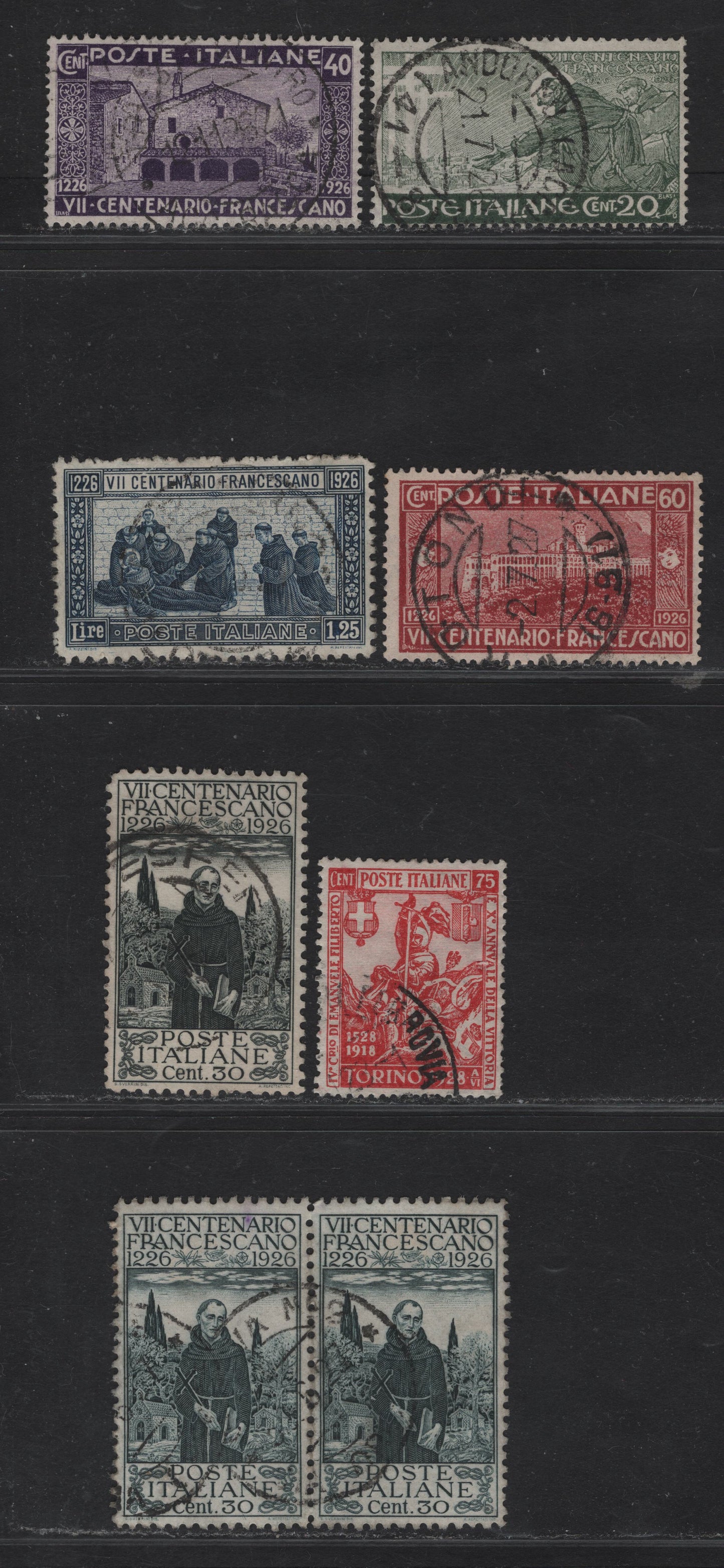 Lot 221 Italy SC#178-182, 205 20c - 75c Gray Green - Deep Red St Francis - Philibert & Italian Soldier, 1926-1928 St Francis of Assissi - Philibert Issues, 7 Fine/Very Fine Used Singles, Generally With Legible In Period Cancels