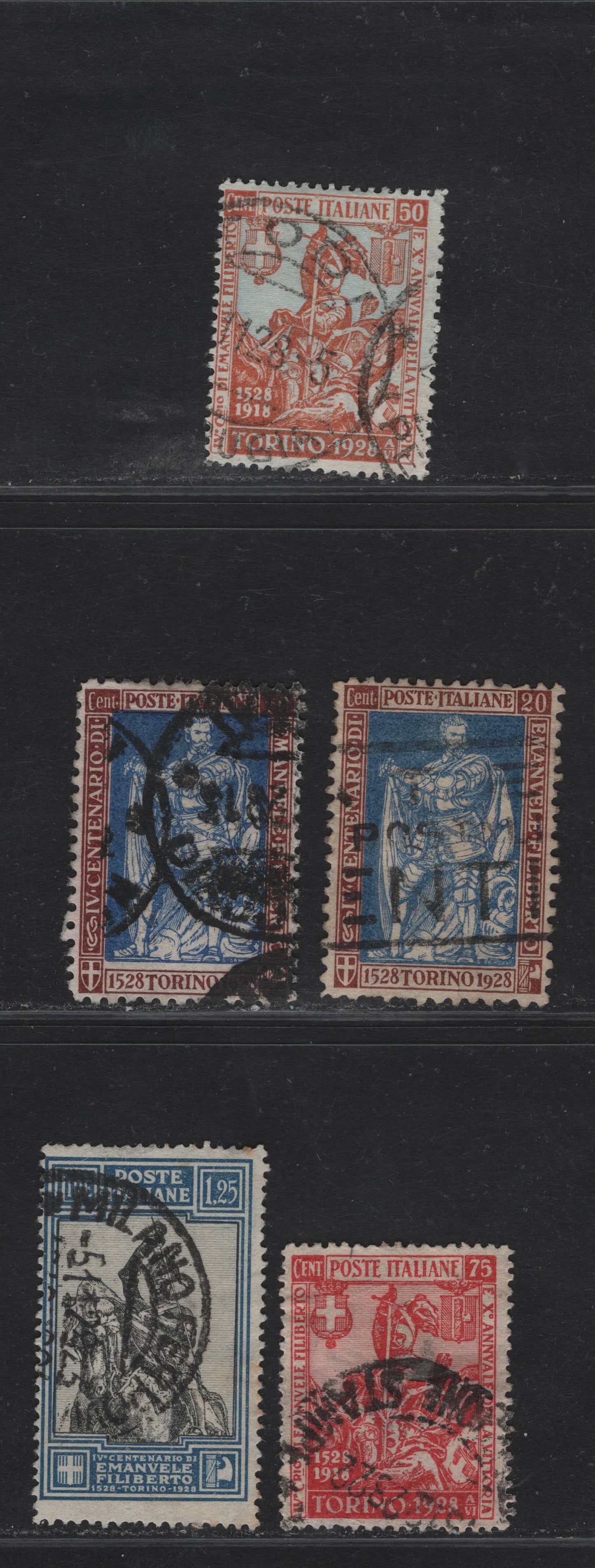 Lot 222 Italy SC#201, 204-206 20c - 1.25l Red Brown & Ultramarine - Blue & Black Emmanuel Philibert -Philibert & Soldier, 1928 Philibert Issue, 5 Fine/Very Fine Used Singles, 20c is Perf 11, But Shows Two Distinct Shades of Blue In Center