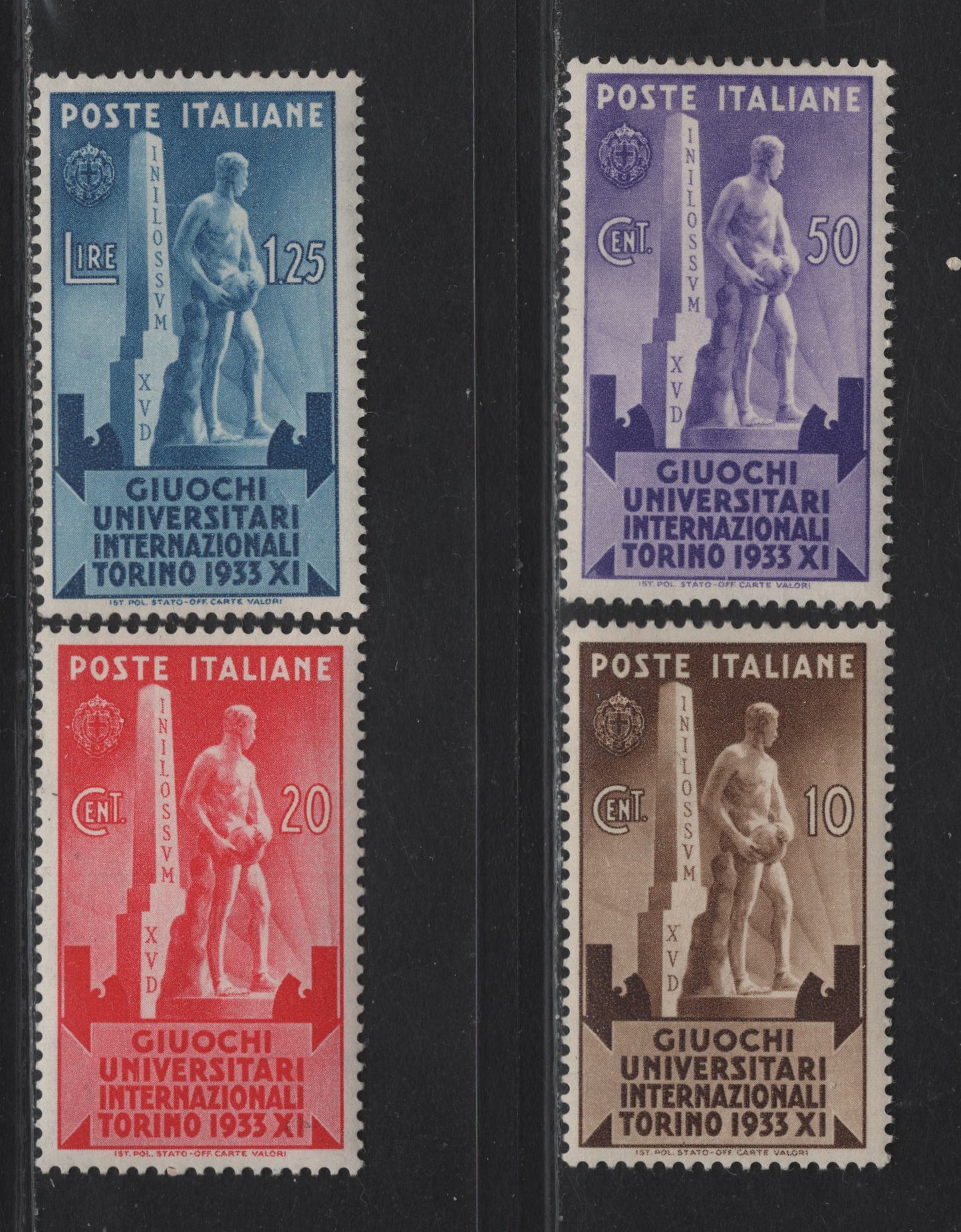 Lot 229 Italy SC#306-309 10c - 1.25l Dark Brown - Blue Statue of Athlete, 1933 Int'l University Games Turin Issue, 4 F/VFOG Singles