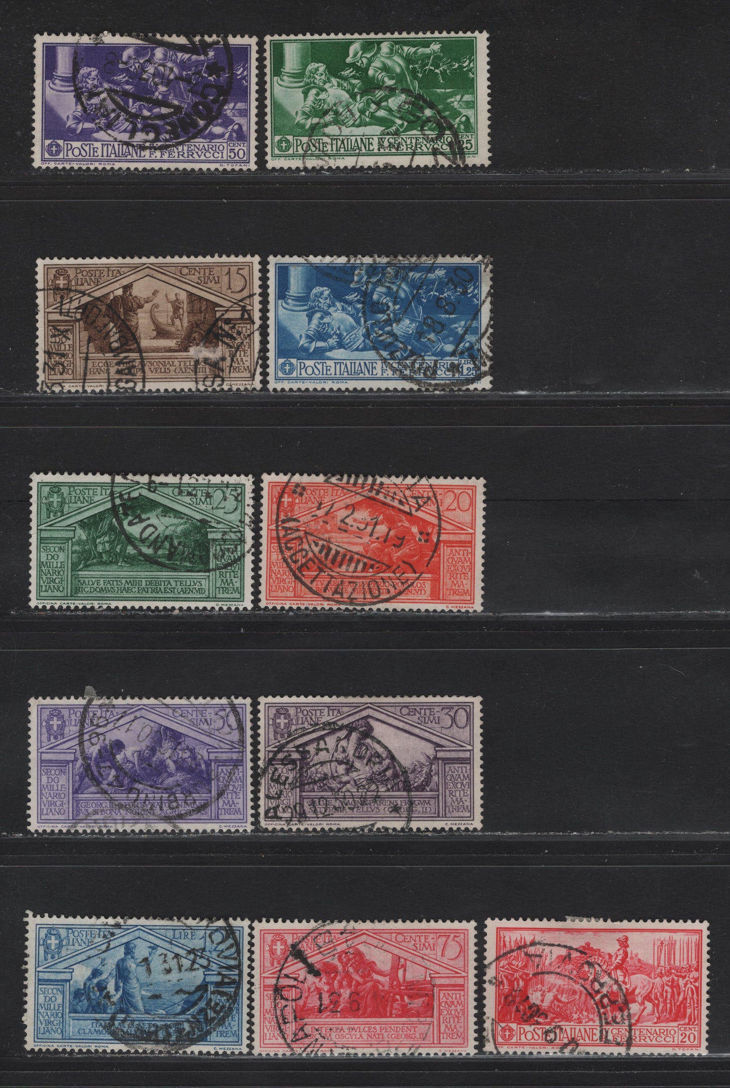 Lot 230 Italy SC#242-245, 248-254 20c - 1.25l Rose Red - Deep Blue Ferrucci Leading His Army - Anchises & His Sailors, 1930 Ferrucci - Bimillenary Of Virgil's Birth Issues, 11 Fine/Very Fine Used Singles