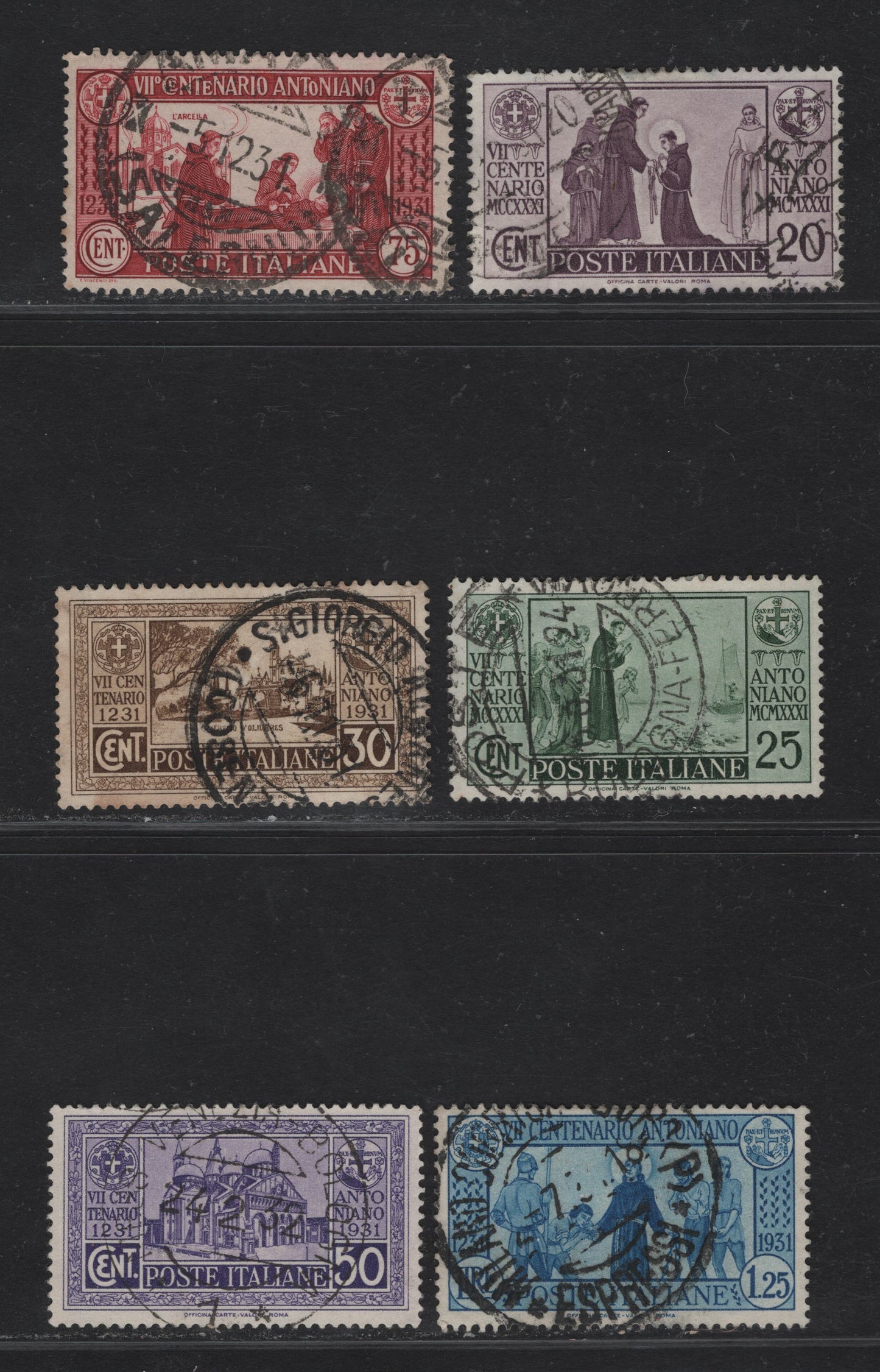Lot 232 Italy SC#258-263 20c - 75c Dull Violet - Brown Red St Anthony - St Anthony's Death, 1931 St Anthony of Padua Issue, 6 Very Fine Used Singles, Full Readable & Dated Cancels (1931 & 1932)