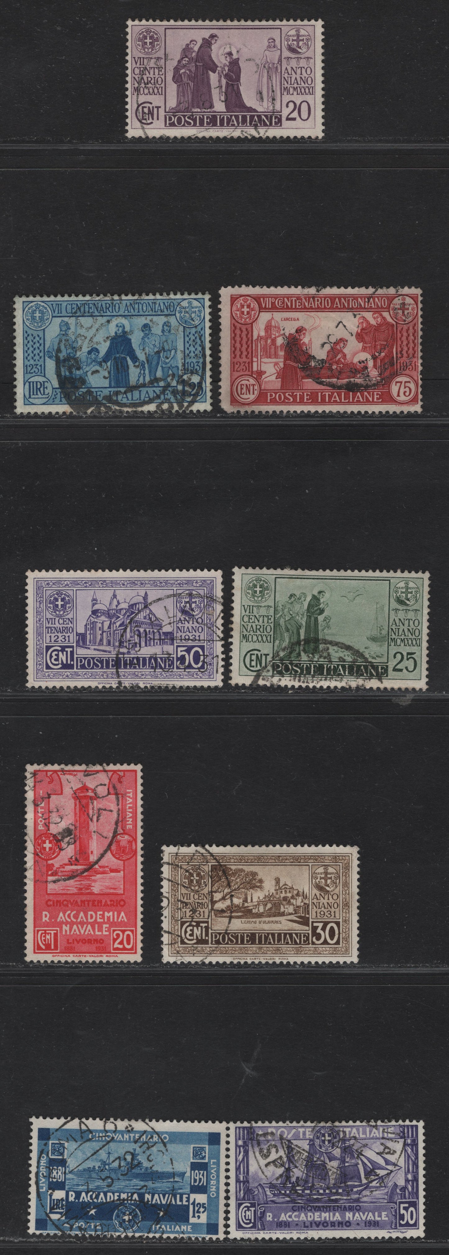 Lot 233 Italy SC#258-263, 265-267 20c - 1.25l Dull Violet - Dark Blue St Anthony - Crusier 'Trento", 1931 St Anthony - Royal Naval Academy At Leghorn 50th Anniv Issues, 9 Fine/Very Fine Used Singles