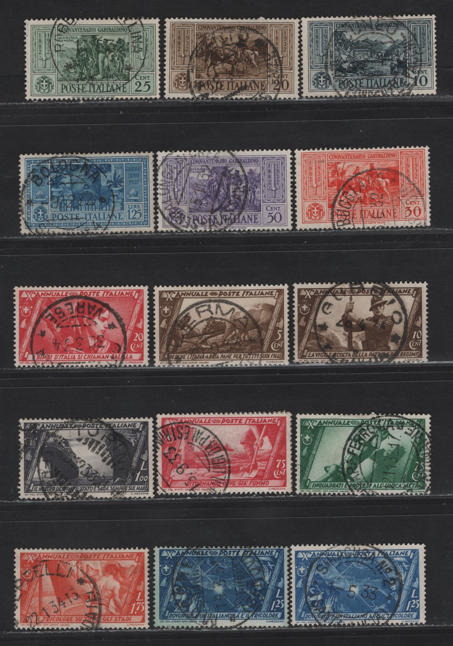 Lot 236 Italy SC#280-284, 286, 290-291, 293-294, 297, 299-302 10c - 1.75l Gray Black - Orange View of Caprera - Flag, 1932 Garibaldi - March on Rome Issues, 15 Very Fine Used Singles, Cancels With Dates, All Within 1-2 Years Of Issue, 2 Shades Of #301.