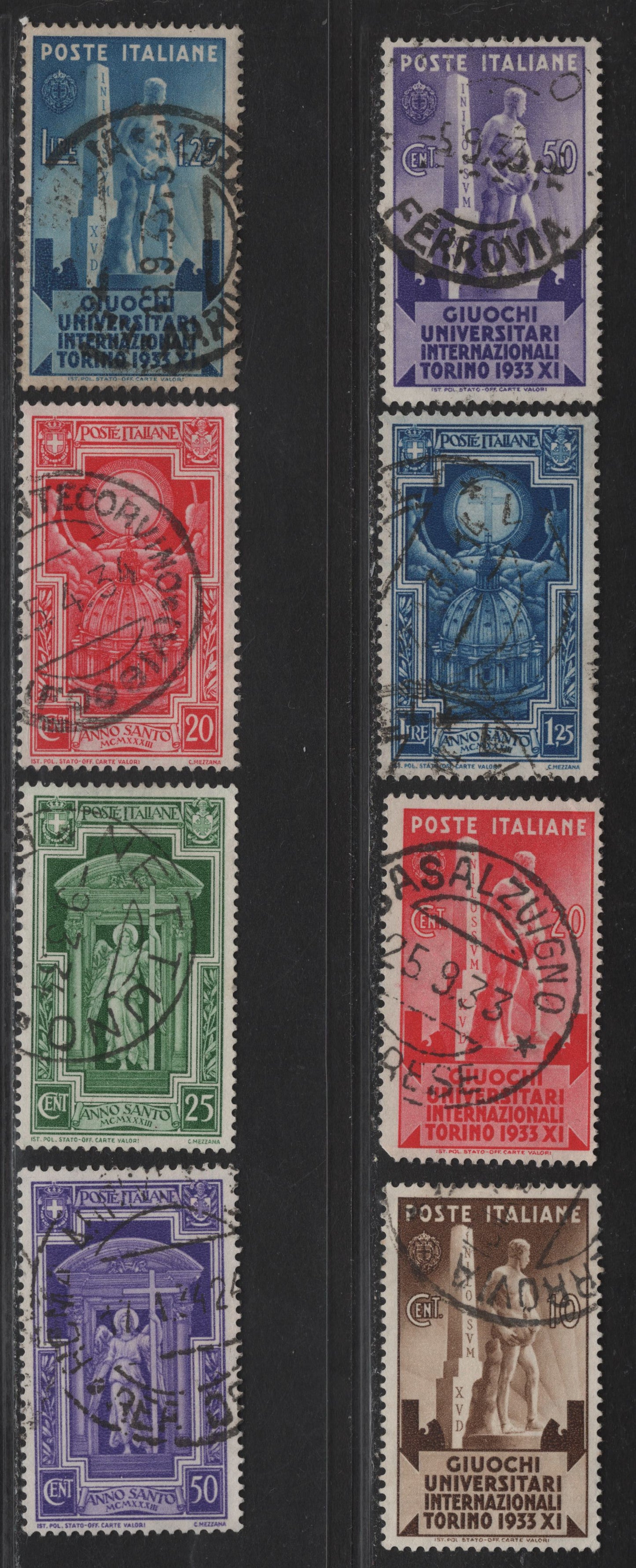Lot 237 Italy SC#306-313 10c - 1.25l Dark Brown - Deep Blue Statue - Cross in Halo, 1933 Int'l University Games - Holy Year Issues, 8 Fine/Very Fine Used Singles, Generally All 1933-1934 Dated Cancels