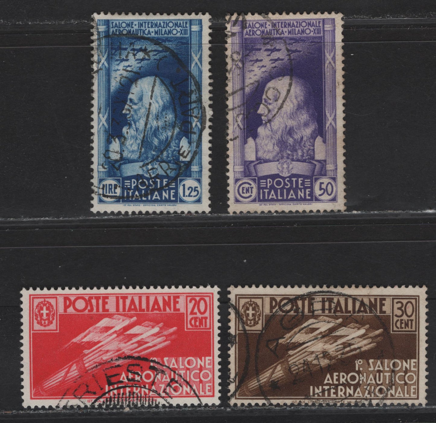 Lot 244 Italy SC#345-348 20c - 1.25l Rose Red - Dark Blue Fascist Flight Symbolism - Da Vinci, 1935 Intl Aeronautical Salon Issue, 4 Very Fine Used Singles, Good Postal Cancels