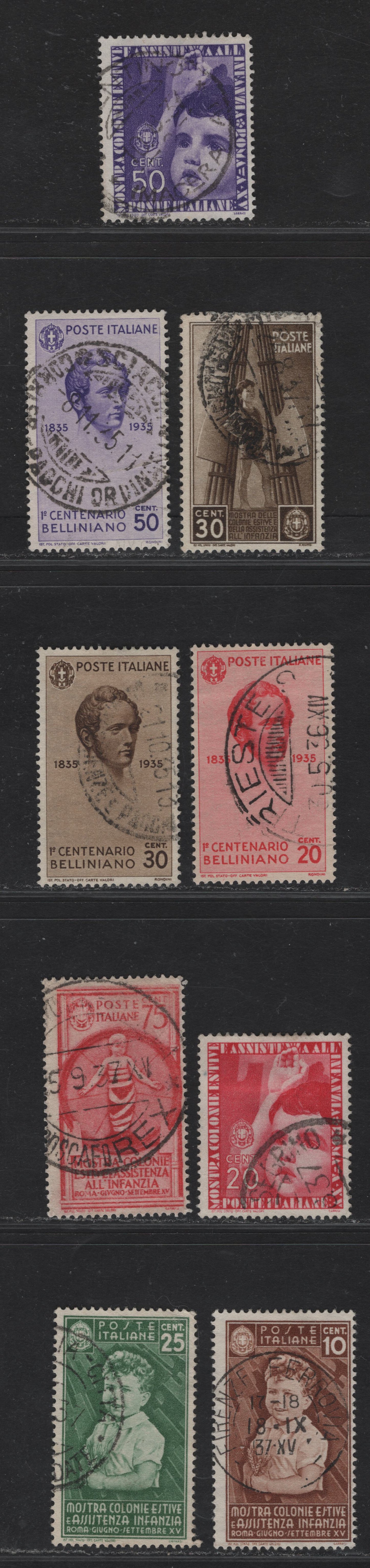 Lot 245 Italy SC#349-351, 367-371 20c - 75c Rose Red Bellini - Child Giving Salute, 1935-1937 Bellini - Summer Exhibition for Child Welfare Issues, 8 Fine/Very Fine Used Singles, Cancels All Appear To Be Comtemporary