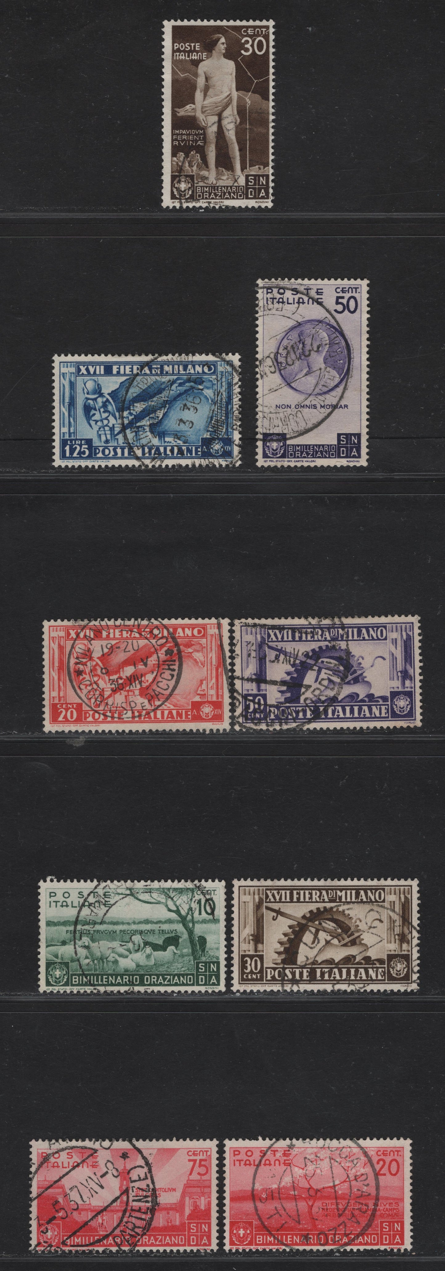 Lot 246 Italy SC#355-363 20c - 75c Red - Rose Red Map of Italian Industries - Capitol, 1936 17th Milan Trade Fair - Flaccus Issues, 9 Fine/Very Fine Used Singles