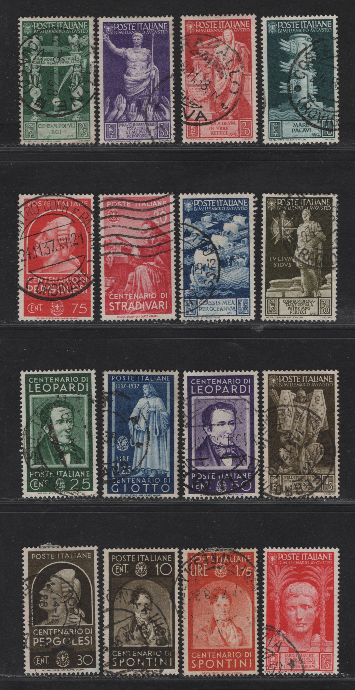 Lot 247 Italy SC#377-384, 387-394 10c - 1.25l Myrtle Green - Dark Blue Army Trophies - Giotto di Bondore, 1937 Bimillenary Of Birth of Ceasar - Centennials of Spotini,Stradivarius, Leopardi, Pergolesi & Giotto Issues, 16 Fine/Very Fine Used Singles