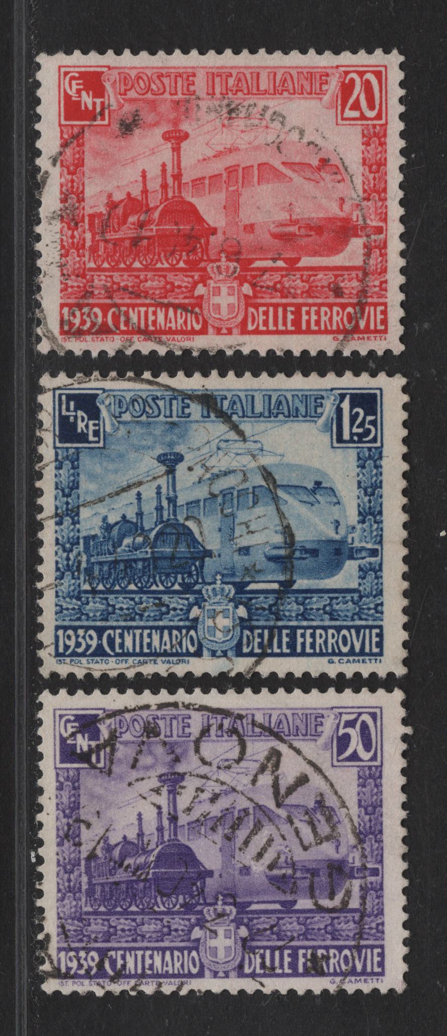 Lot 250 Italy SC#410-412 20c - 1.25l Rose Red - Deep Blue Wood Burning Engine & Streamlined Electric Engine, 1939 Railway Centenary Issue, 3 Very Fine Used Singles