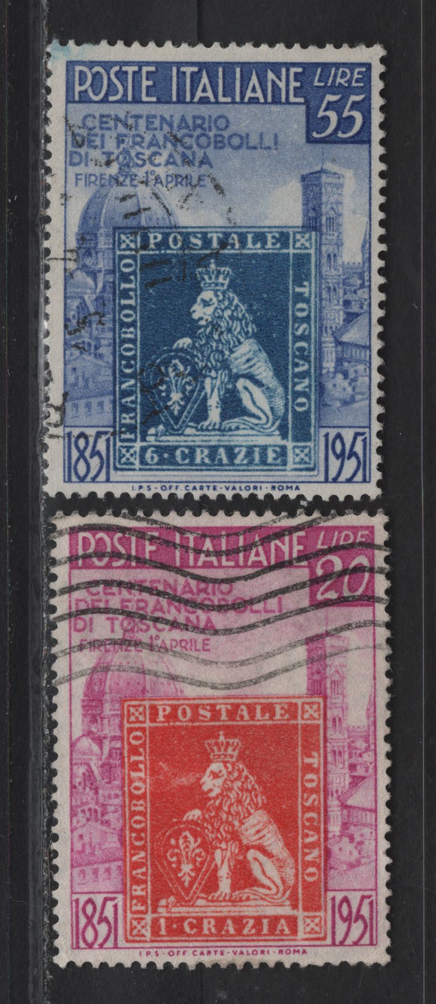 Lot 25 Italy SC#568-569 20l - 55l Red Violet & Red - Ultramarine & Blue Stamp of Tuscany, 1951 Centenary of Tuscany's First Stamps, 2 Very Fine Used Singles, Cataloged As Mint, As Cancel on 55l Is Not Legible