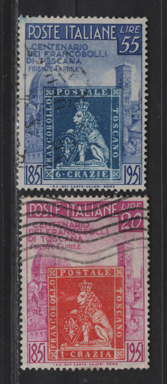 Lot 25 Italy SC#568-569 20l - 55l Red Violet & Red - Ultramarine & Blue Stamp of Tuscany, 1951 Centenary of Tuscany's First Stamps, 2 Very Fine Used Singles, Cataloged As Mint, As Cancel on 55l Is Not Legible