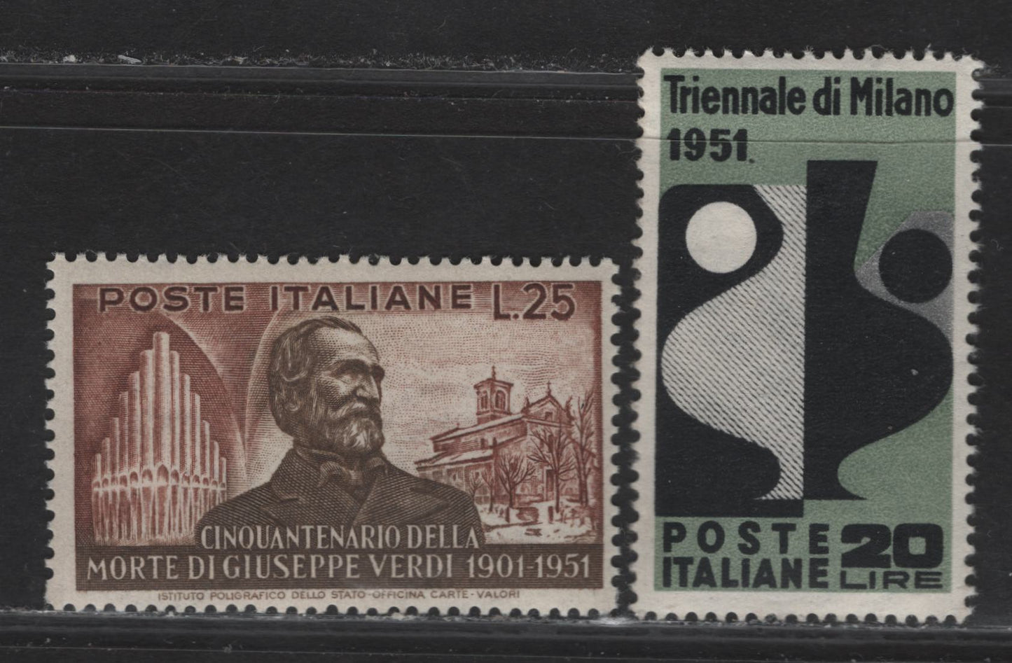 Lot 27 Italy SC#582, 595 20l - 25l Greenish Gray & Black - Red Brown & Dark Brown Cartouche of Amenhotep III - Verdi, 1951 Milan Triennial Art Exhibition Issue, 2 F/VFOG Singles
