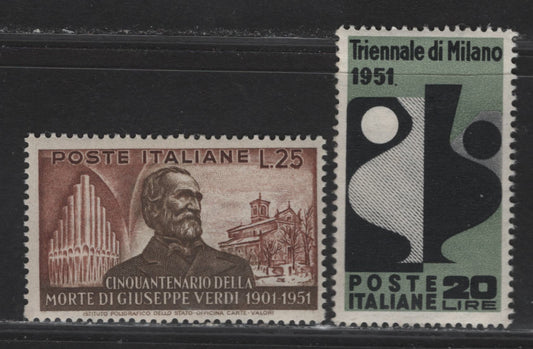 Lot 27 Italy SC#582, 595 20l - 25l Greenish Gray & Black - Red Brown & Dark Brown Cartouche of Amenhotep III - Verdi, 1951 Milan Triennial Art Exhibition Issue, 2 F/VFOG Singles