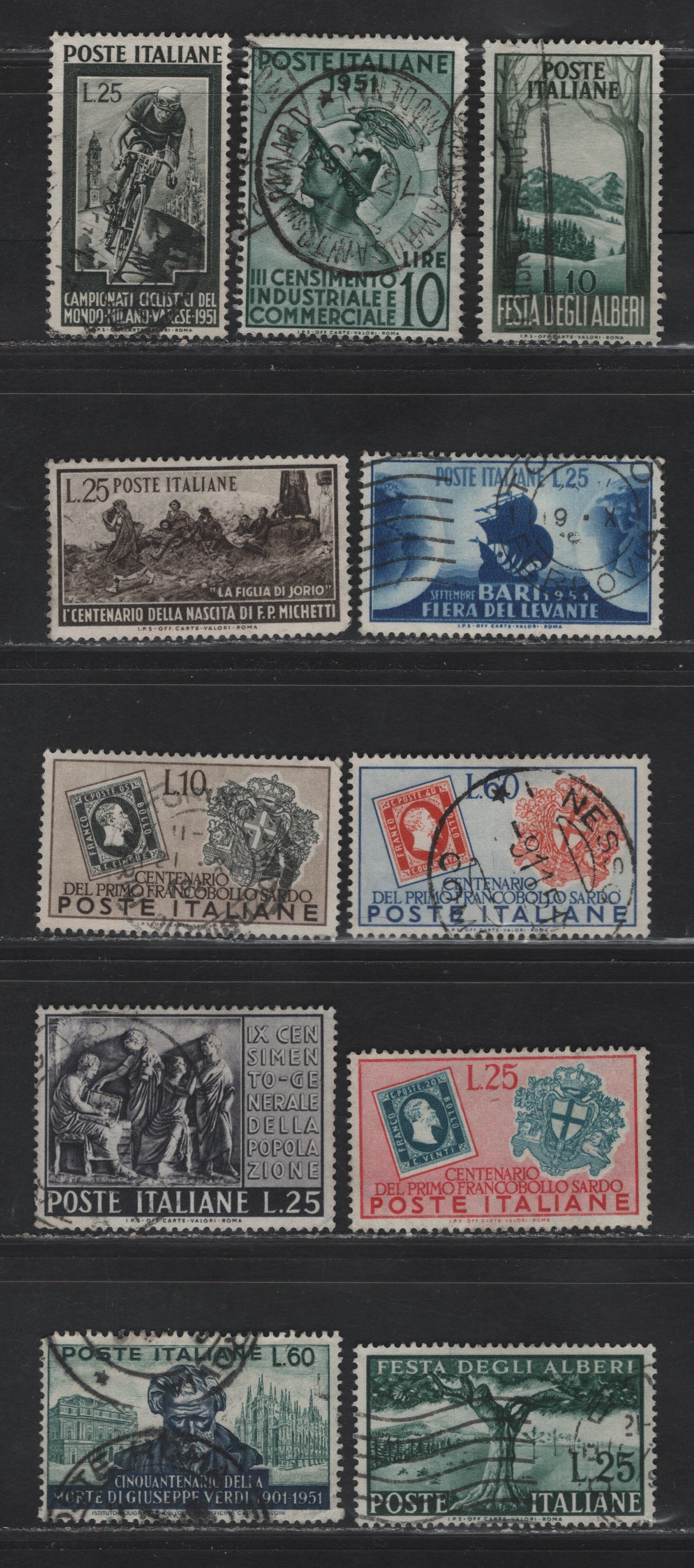 Lot 28 Italy SC#587-593, 596 25l - 60l Gray Black - Deep Green & Indigo Sardinia Stamps of 1851 - Verdi, 1951 World Bicycle Races - 50th Anniv of Death of Verdi Issue, 11 Fine/Very Fine Used Singles