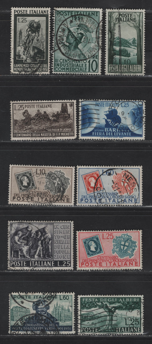 Lot 28 Italy SC#587-593, 596 25l - 60l Gray Black - Deep Green & Indigo Sardinia Stamps of 1851 - Verdi, 1951 World Bicycle Races - 50th Anniv of Death of Verdi Issue, 11 Fine/Very Fine Used Singles