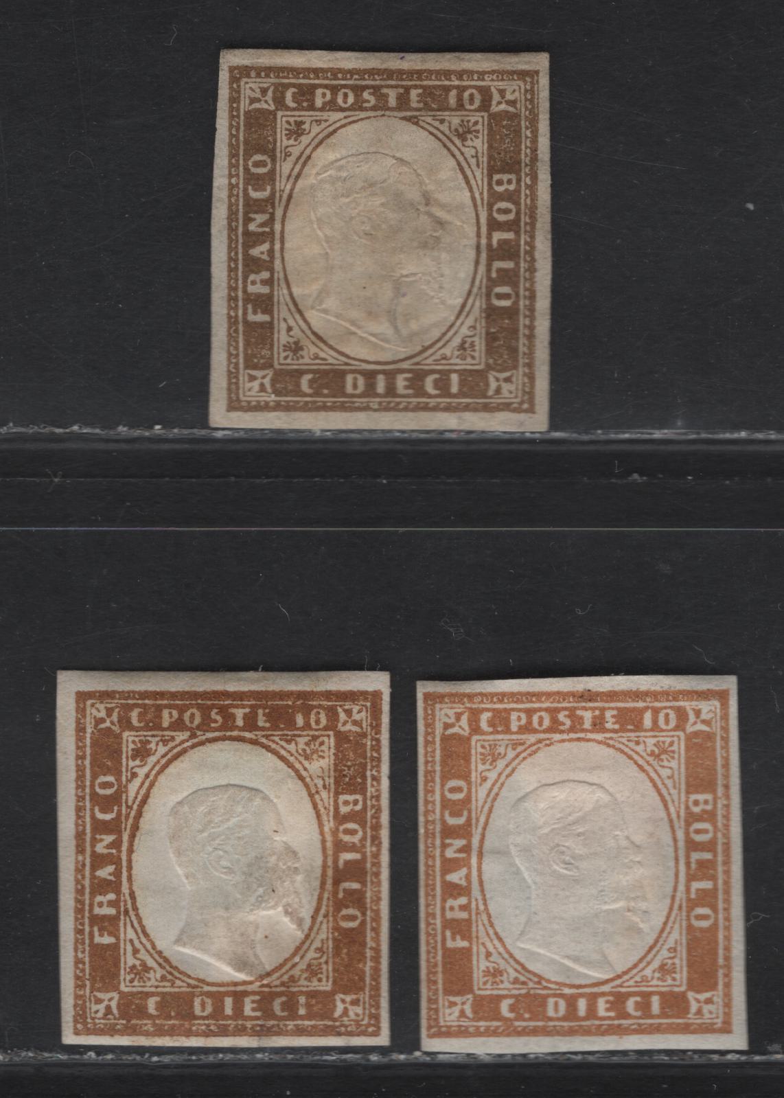 Lot 3 Sardinia SC#11, 11a, 11h 10c Grayish Brown, Ochre & Bistre Victor Emmanuel II, 1855-1863 Embossed Victor Emmanuel II Issue, 3 FOG & Fine Unused Imperf Singles, Some Natural Gum Creases