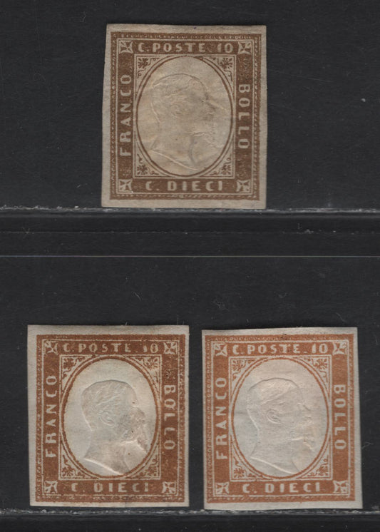 Lot 3 Sardinia SC#11, 11a, 11h 10c Grayish Brown, Ochre & Bistre Victor Emmanuel II, 1855-1863 Embossed Victor Emmanuel II Issue, 3 FOG & Fine Unused Imperf Singles, Some Natural Gum Creases