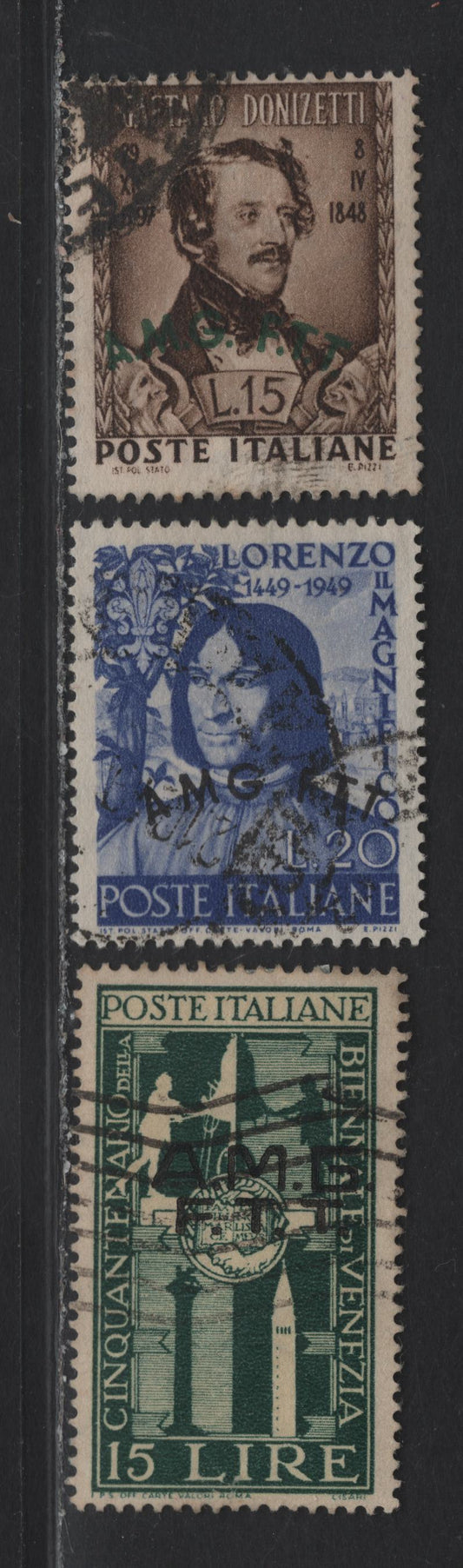 Lot 32 Italy - Trieste SC#34, 37, 50 15l - 20l Dark Brown - Violet Blue Gaetano Donizetti - Lorenzo de Medici, 1948-1949 Donizetti - De Medici Issues, 3 Fine/Very Fine Used Singles