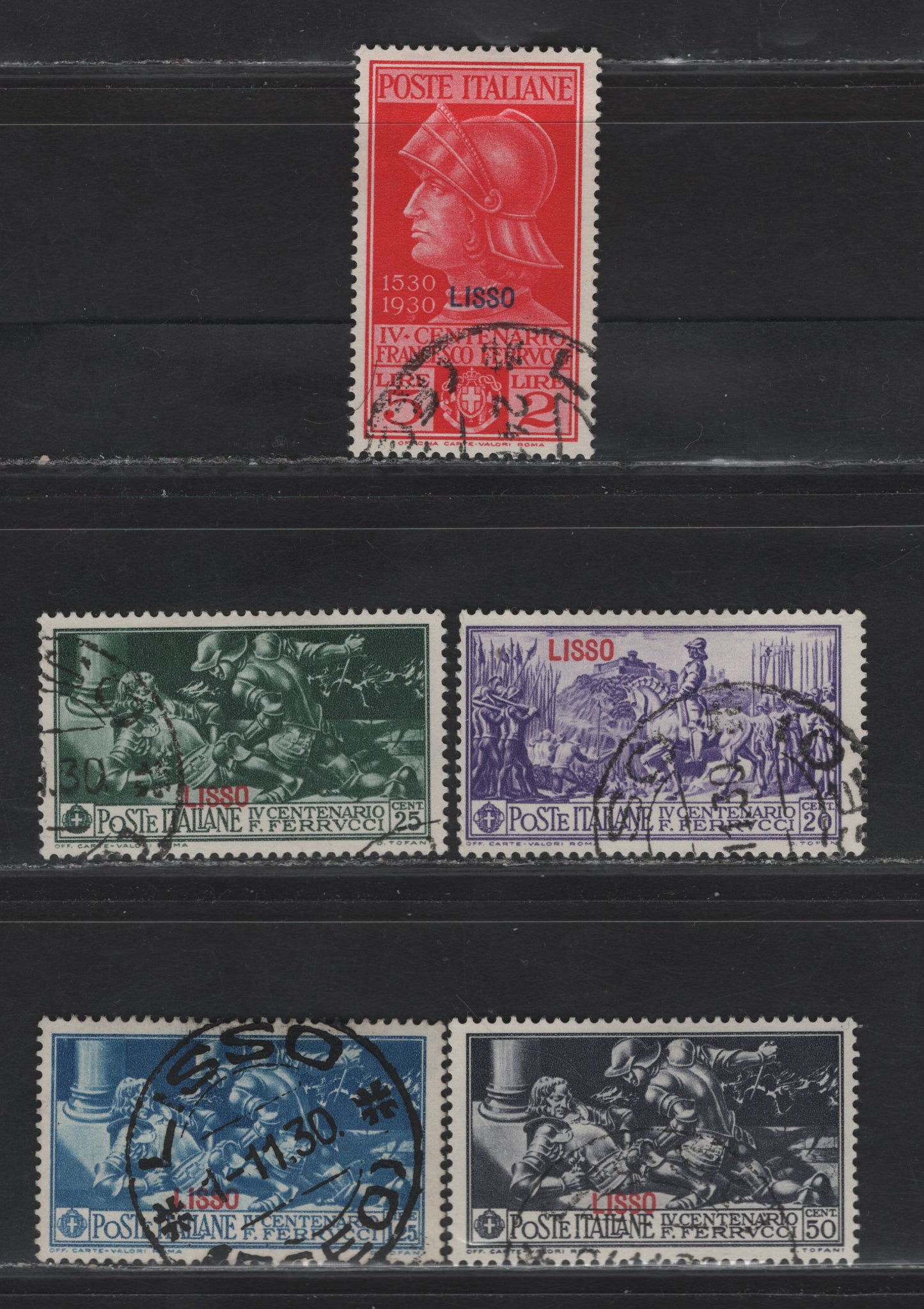 Lot 34 Italy - Aegean Islands - Lasso SC#12-16 20c - 5l+2l Violet - Deep Carmine Ferrucci Leading His Army - Francesco Ferrucci, 1930 Ferucci Issue, 5 Fine/Very Fine Used Singles, 15 Has A Nice Nov 1930 CDS, 12-13 Are Dated 1930