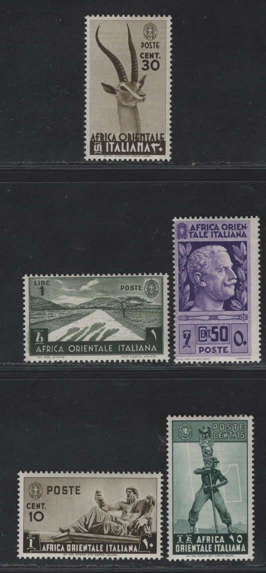 Lot 36 Italian East Africa SC#4, 5, 8, 10, 12 10c - 1l Olive Brown - Olive Green Fascist Legionary - Desert Road, 1938 Pictorial Issue, 5 F/VFNH Singles