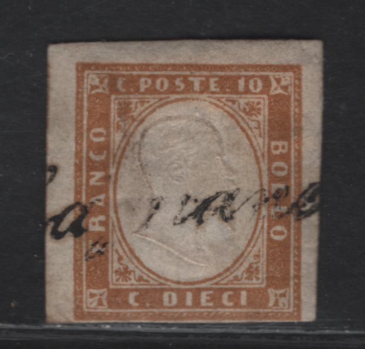 Lot 4 Sardinia SC#11a 10c Ochre Victor Emmanuel II, 1855-1863 Embossed Victor Emmanuel II Issue, A Fine Used Imperf Single, 1862 Printing