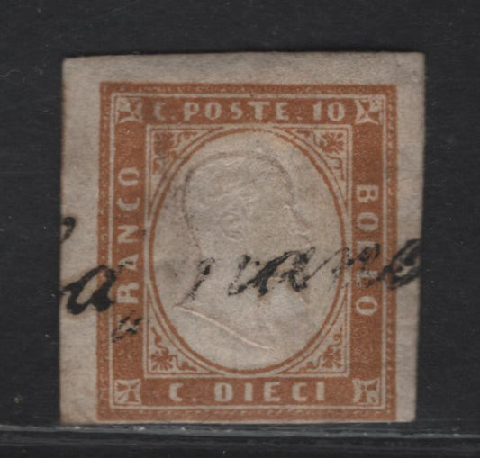 Lot 4 Sardinia SC#11a 10c Ochre Victor Emmanuel II, 1855-1863 Embossed Victor Emmanuel II Issue, A Fine Used Imperf Single, 1862 Printing