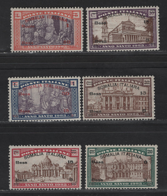 Lot 41 Somalia SC#B5-B10 6c+3b on 20c+10c - 1r+30b on 5l+2.50l Green & Brown - Vermillion & Purple St Maria Maggiore - Pope Opening Holy Door, 1925 Holy Year Semi Postal Issue, 6 F/VFOG Singles