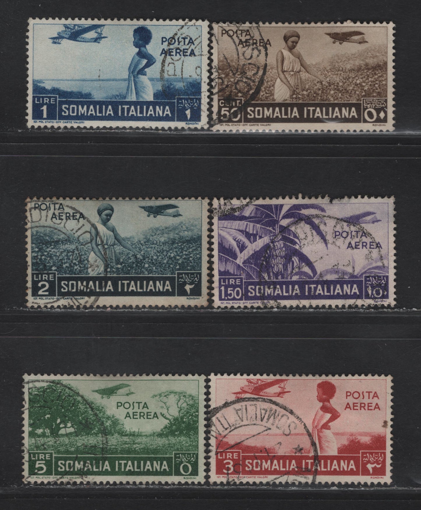 Lot 43 Somalia SC#C8, C11-C15 50c - 5l Brown - Yellow Green Banana Tree & Airplane , 1936 Airmail Issue, 6 Fine/Very Fine Used Singles, Postally Used With 1937 Cancellations On The Key 3L & 5L Values