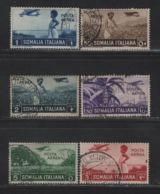 Lot 43 Somalia SC#C8, C11-C15 50c - 5l Brown - Yellow Green Banana Tree & Airplane , 1936 Airmail Issue, 6 Fine/Very Fine Used Singles, Postally Used With 1937 Cancellations On The Key 3L & 5L Values