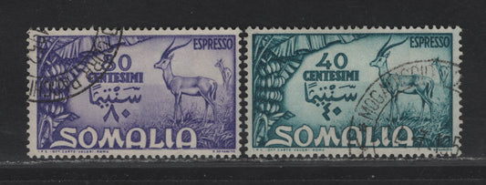 Lot 45 Somalia SC#E8-E9 30c - 80c Blue Green & Violet Bananas Grant's Gazelles, 1950 Special Delivery Issue, 2 Fine/Very Fine Used Singles