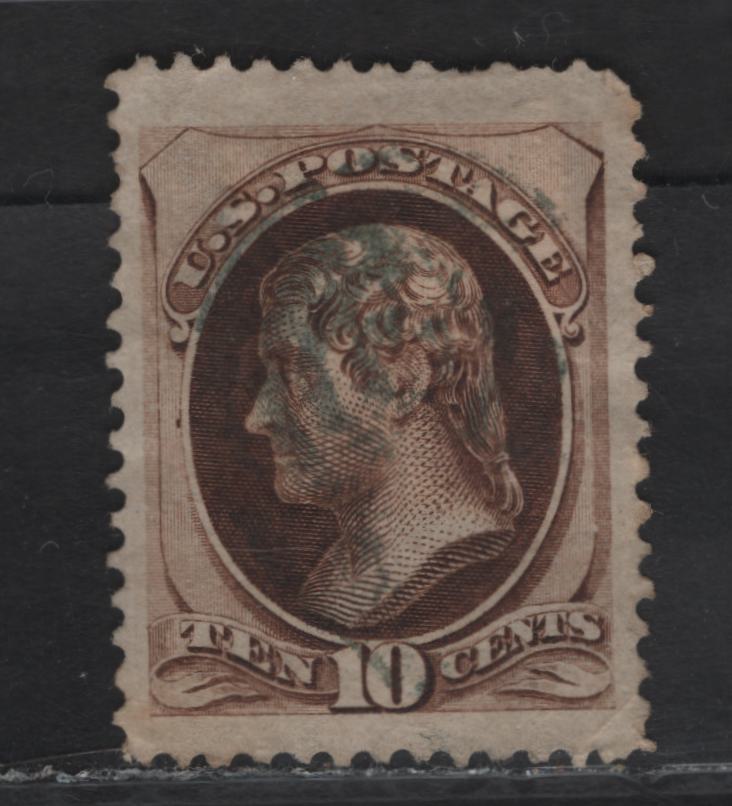 Lot 50 United States SC#161 10c Brown Jefferson, 1873 Continental Banknote Issue, A Very Good Used Single, Hard Paper, Large, Even Margins, Corner Crease At LR & Short Perfs At UR.