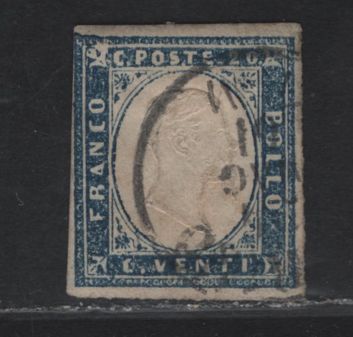 Lot 5 Sardinia SC#12a 20c Blue Victor Emmanuel II, 1855-1863 Embossed Victor Emmanuel II Issue, A Fine Used Imperf Single, 3 Clear Margins To Just Touching At UL