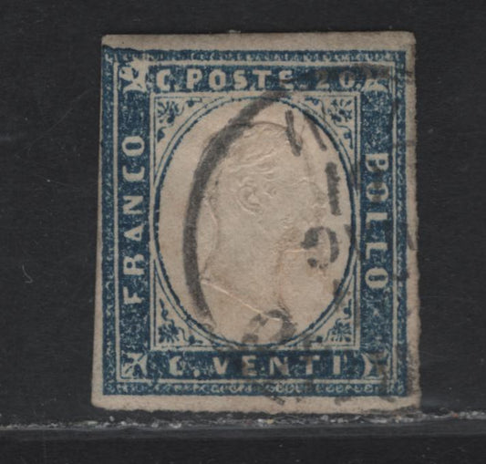 Lot 5 Sardinia SC#12a 20c Blue Victor Emmanuel II, 1855-1863 Embossed Victor Emmanuel II Issue, A Fine Used Imperf Single, 3 Clear Margins To Just Touching At UL
