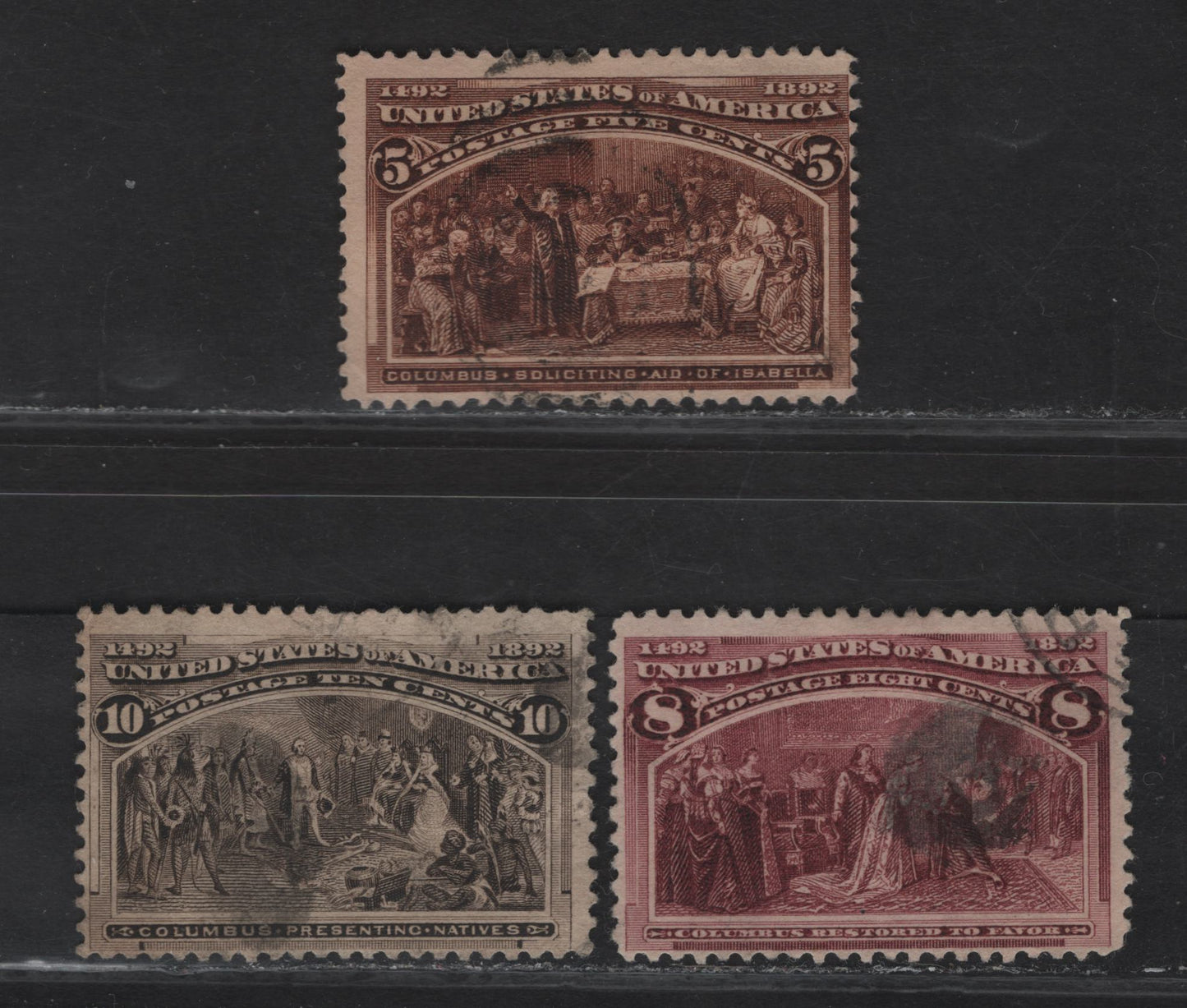 Lot 51 United States SC#234, 236-237 5c - 10c Chocolate - Black Brown Columbus Soliciting Aid From Queen Isabella - Columbus Presenting Natives, 1893 Columbian Exposition Issue, 3 Fine Used Singles