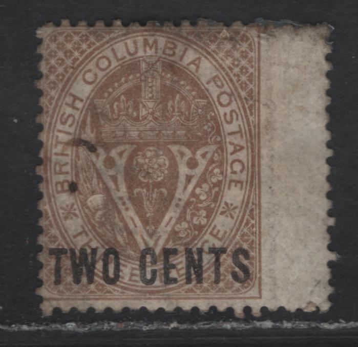 Lot 55 (C) British Colombia #8 2c on 3c Brown Seal of B.C, 1867-1871 Seal of British Columbia Issue, A Good Used Single, Regummed To Conceal Short Perfs At UR, Makes The Stamp Appear Not Fresh