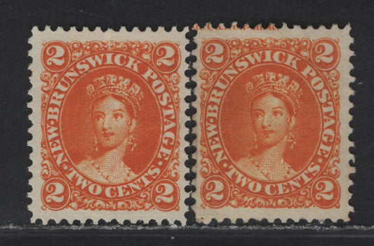 Lot 61 (C) New Brunswick #7, 7b 2c Deep Orange & Orange Queen Victoria, 1860 Cents Issue, A Fine/Very Fine Unused Single, Perfs 12 (Deep Orange) & 12x11.75 (Orange), Paper Cents-J, Orange Shows An Imprint At Upper Left.