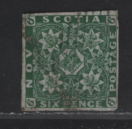 Lot 68 (C) Nova Scotia #5 6d Dark Green - Brown Flower Heraldry, 1851-1857 Pence Issue, A Very Good Used Single, 4 Margins, 3 Full & 1 Close, VF Appearance, But Tear Through 'T' of Scotia.