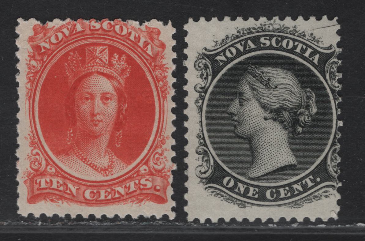 Lot 69 (C) Nova Scotia #8a, 12 1c - 10c Black - Vermillion Queen Victoria, 1860-1863 Cents Issue, 2 VG/FNH Singles, Perf 11.75x12 (1c) on White Cents-N Paper, Perf 13.75 (10c) On White Cents-L Paper