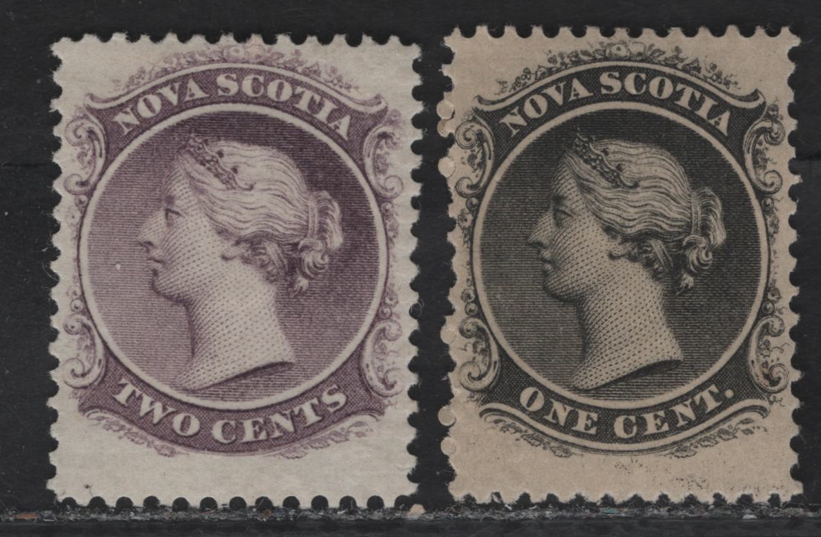 Lot 70 (C) Nova Scotia #8-9 1c - 2c Black - Lilac Queen Victoria, 1860-1863 Cents Issue, 2 VFOG Singles, Perfs 11.75 (1c Yellowish Cents-G Paper) & 11.75x12 (2c Cents-N Paper)
