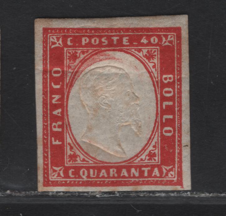 Lot 7 Sardinia SC#13 40c Red Victor Emmanuel II, 1855-1863 Embossed Victor Emmanuel II Issue, A VFOG Imperf Single, 4 Clear Margins, Gum Crease