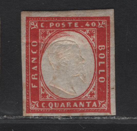 Lot 7 Sardinia SC#13 40c Red Victor Emmanuel II, 1855-1863 Embossed Victor Emmanuel II Issue, A VFOG Imperf Single, 4 Clear Margins, Gum Crease