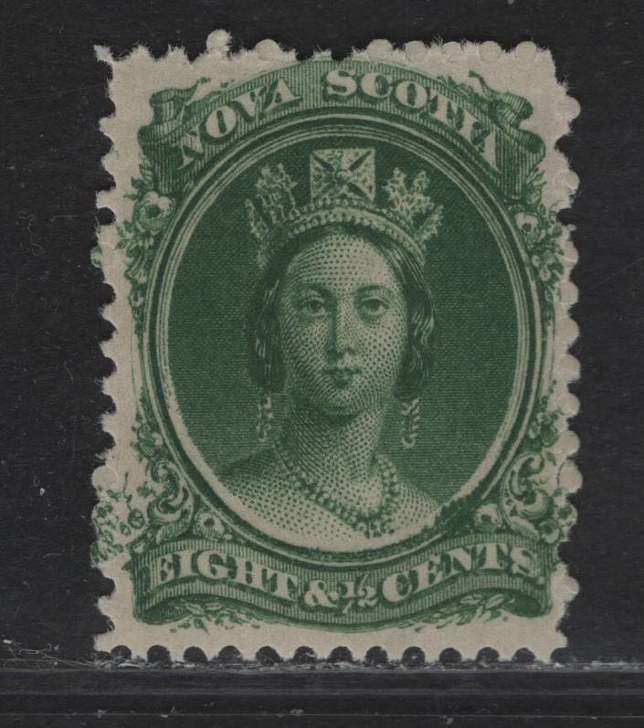 Lot 73 (C) Nova Scotia #11var 8.5c Deep Green Queen Victoria, 1860-1863 Cents Issue, A FNH Single, Cents-G Paper, Perf 11.75x12, Showing Over-Inking Of Frame Above 'N' of Cents, Small Spot of Gum Skip At Top, Not Hinge Mark.