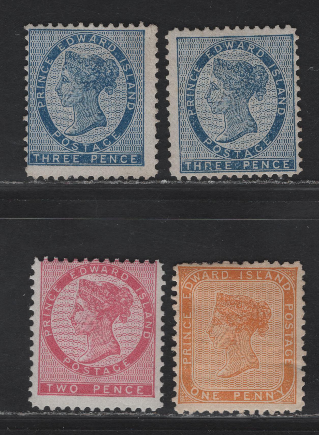 Lot 77 (C) PEI #4-6 1d - 3d Yellow Orange - Blue Queen Victoria, 1862-1865 2nd Pence Issue, 3 VG/FOG & Unused Singles, Perfs 12x11.75 (1d & 2d) & 11.75 (3ds), Small Thin on 1d, One 3d Has No Gum.