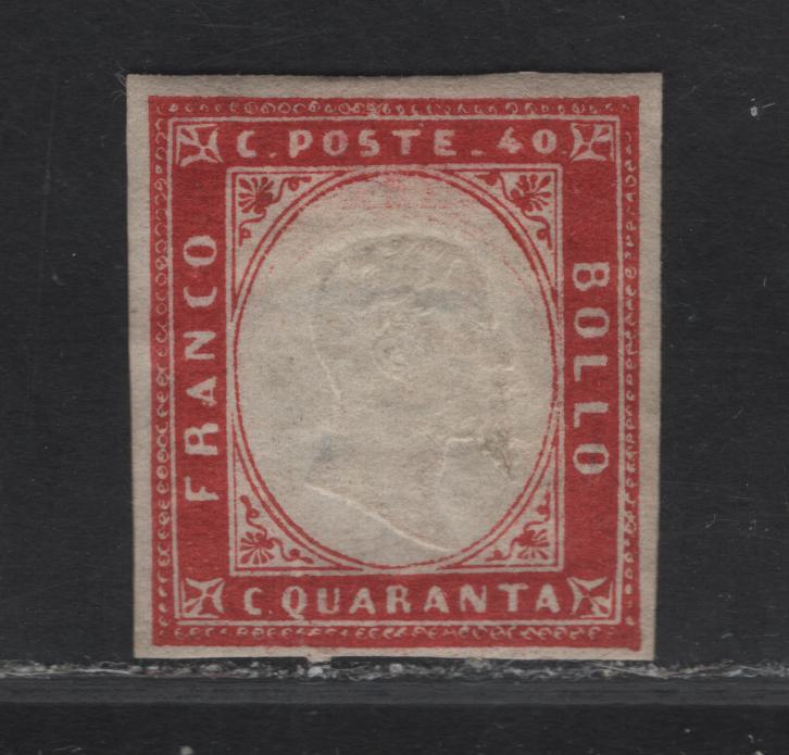Lot 8 Sardinia SC#13b 40c Carmine Victor Emmanuel II, 1855-1863 Embossed Victor Emmanuel II Issue, A FOG Imperf Single, 4 Clear But Close Margins