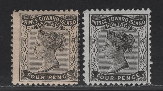 Lot 81 (C) PEI #9, 9a 4d Black Queen Victoria, 1868-1870 3rd Pence Issue, 2 VG/FNH Singles, White & Yellowish Papers, Perfs 11.75x11.75 & 11.75x12